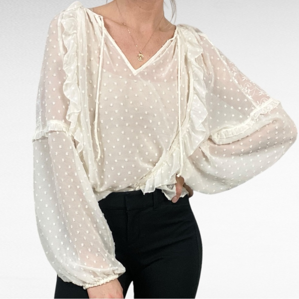 Express | Creamy White Tie V-Neck Sheer Ruffled Balloon Sleeve Peasant Blouse